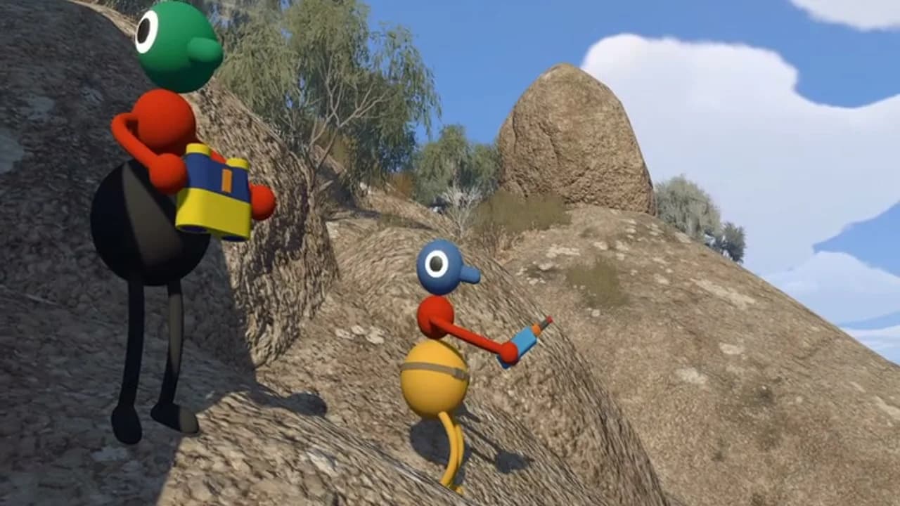 Two characters on a rocky slope carrying binoculars and a tool